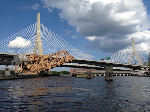 The Big Dig project included the Leonard P. Zakim Bunker Hill Memorial Bridge, which is impressive up close. Here it is from the Charles River.