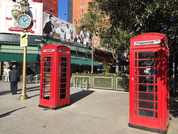 Red London-style phone booths in Buenos Aires.